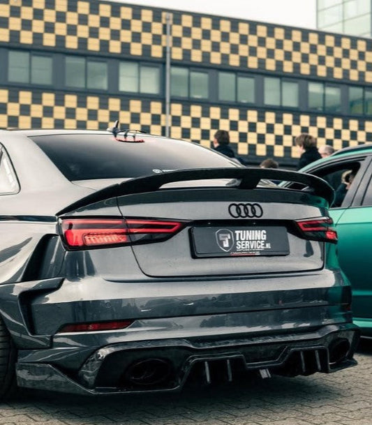 Audi RS3 S3 A3 8V/8V.5 2014 2015 2016 2017 2018 2019 2020 with Aftermarket Parts - Rear Lip Spoiler Carbon Fiber / FRP from SPECTER PLUS