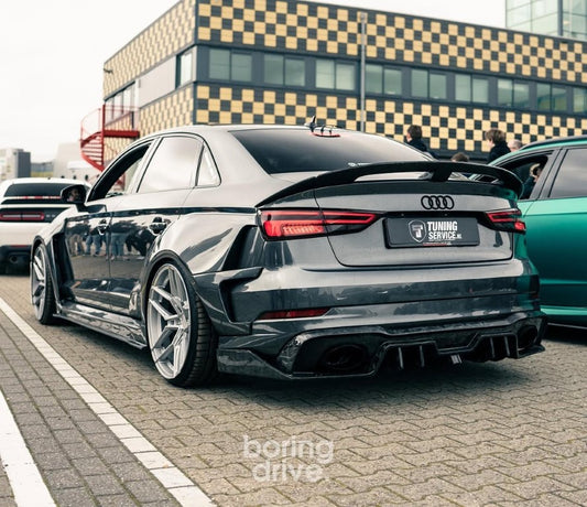 Audi RS3 8V.5 2018 2019 2020 with Aftermarket Parts - Side Skirts & Side Skirts Extentions Carbon Fiber / FRP from SPECTER PLUS