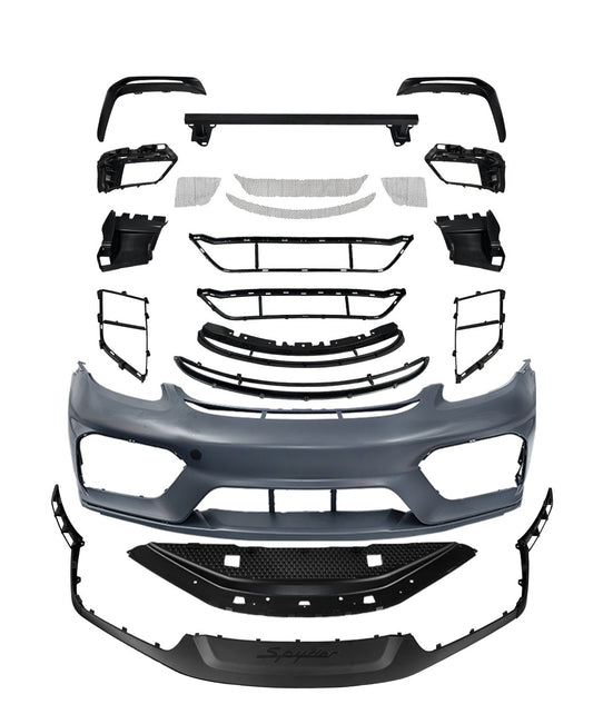 Porsche 718 982 Cayman & Boxster (Base / T / S / GTS / GT4 / Spyder) 2017 2018 2019 2020 2021 2022 2023 2024 2025 with Aftermarket Parts - Spyder Conversion Style Front Bumper & Trims (with & without GT4RS Logo) PP Polypropylene / Dry Pre-preg Carbon Fiber from Dupont Tech