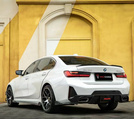 BMW 3 Series 330i (with M-package bumper, does not fit base model) M340i G20 LCI 2023-ON with Aftermarket Parts - V1 Style Rear Diffuser & Canards Pre-preg Carbon Fiber from TAKD Carbon