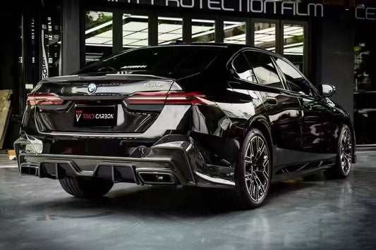 BMW 5 Series 530 540 (with M-package bumper, does not fit base model) G60 G61 2024-ON with Aftermarket Parts - V1 Style Rear Diffuser (Quad Exhaust Tips Included) Pre-preg Carbon Fiber from TAKD Carbon