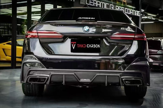 BMW 5 Series 530 540 (with M-package bumper, does not fit base model) G60 G61 2024-ON with Aftermarket Parts - V1 Style Rear Diffuser (Quad Exhaust Tips Included) Pre-preg Carbon Fiber from TAKD Carbon