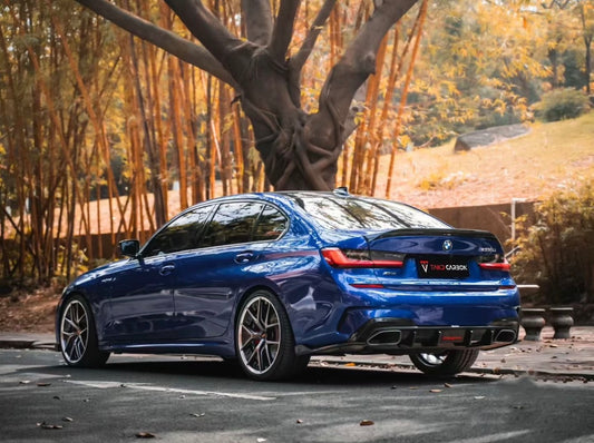 BMW 3 Series 330i (with M-package bumper, does not fit base model) M340i G20 Pre-LCI 2019 2020 2021 2022 with Aftermarket Parts - V2 Style Rear Diffuser & Canards Pre-preg Carbon Fiber from TAKD Carbon
