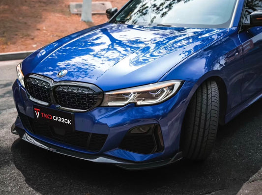 BMW 3 Series 330i (with M-package bumper, does not fit base model) M340i G20 Pre-LCI 2019 2020 2021 2022 with Aftermarket Parts - V2 Style Front Lip Pre-preg Carbon Fiber from TAKD Carbon