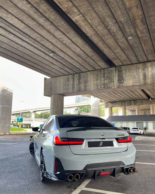 BMW 3 Series 330i (with M-package bumper, does not fit base model) M340i G20 LCI 2023-ON with Aftermarket Parts - V1 Style Rear Diffuser & Canards Pre-preg Carbon Fiber from TAKD Carbon