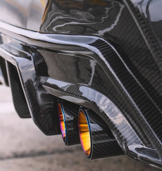 BMW 5 Series 530 540 (with M-package bumper, does not fit base model) G60 G61 2024-ON with Aftermarket Parts - V1 Style Rear Diffuser (Quad Exhaust Tips Included) Pre-preg Carbon Fiber from TAKD Carbon
