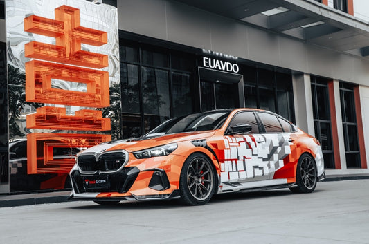 BMW 5 Series 530 540 (with M-package bumper, does not fit base model) & i5 e/x Drive40 (with M-package bumper, does not fit base model) M60 G60 G61 2024-ON with Aftermarket Parts - V1 Style Front Lip Pre-preg Carbon Fiber from TAKD Carbon