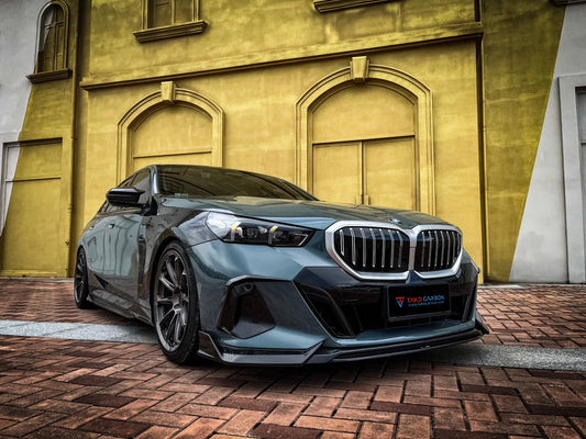 BMW 5 Series 530 540 (with M-package bumper, does not fit base model) & i5 e/x Drive40 (with M-package bumper, does not fit base model) M60 G60 G61 2024-ON with Aftermarket Parts - V1 Style Front Lip Pre-preg Carbon Fiber from TAKD Carbon