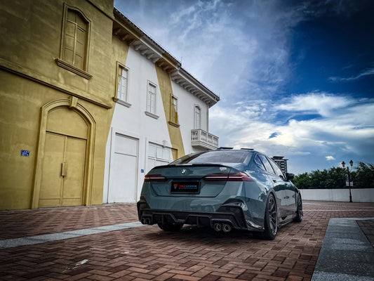 BMW 5 Series 530 540 (with M-package bumper, does not fit base model) G60 G61 2024-ON with Aftermarket Parts - V1 Style Rear Diffuser (Quad Exhaust Tips Included) Pre-preg Carbon Fiber from TAKD Carbon