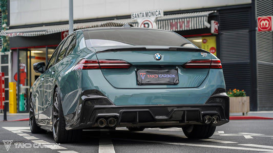 BMW 5 Series 530 540 (with M-package bumper, does not fit base model) G60 G61 2024-ON with Aftermarket Parts - V1 Style Rear Diffuser (Quad Exhaust Tips Included) Pre-preg Carbon Fiber from TAKD Carbon