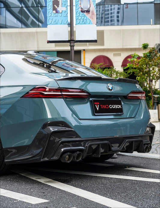 BMW 5 Series 530 540 (with M-package bumper, does not fit base model) G60 G61 2024-ON with Aftermarket Parts - V1 Style Rear Diffuser (Quad Exhaust Tips Included) Pre-preg Carbon Fiber from TAKD Carbon