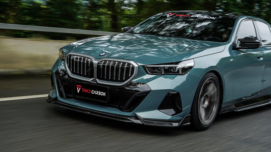 BMW 5 Series 530 540 (with M-package bumper, does not fit base model) & i5 e/x Drive40 (with M-package bumper, does not fit base model) M60 G60 G61 2024-ON with Aftermarket Parts - V1 Style Front Lip Pre-preg Carbon Fiber from TAKD Carbon