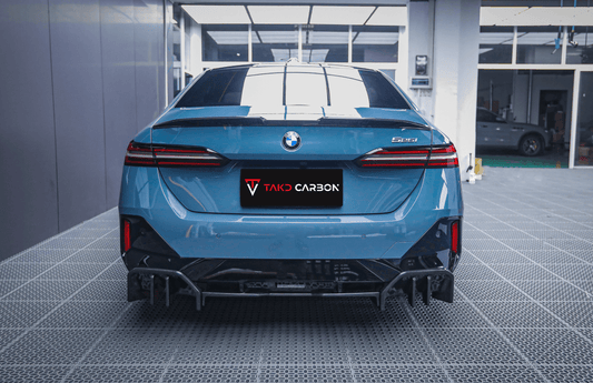 BMW 5 Series 530 540 (with M-package bumper, does not fit base model) & i5 e/x Drive40 (with M-package bumper, does not fit base model) M60 G60 G61 2024-ON with Aftermarket Parts - MP Style Rear Diffuser (Quad Exhaust Tips Included) Pre-preg Carbon Fiber from TAKD Carbon