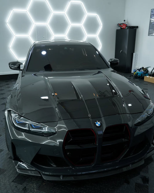 BMW M3 / M3C G80 G81 & M4 / M4C G82 G83 2021 2022 2023 2024 with Aftermarket Parts - Hood Bonnet Double-sided Pre-preg Carbon Fiber from TAKD Carbon