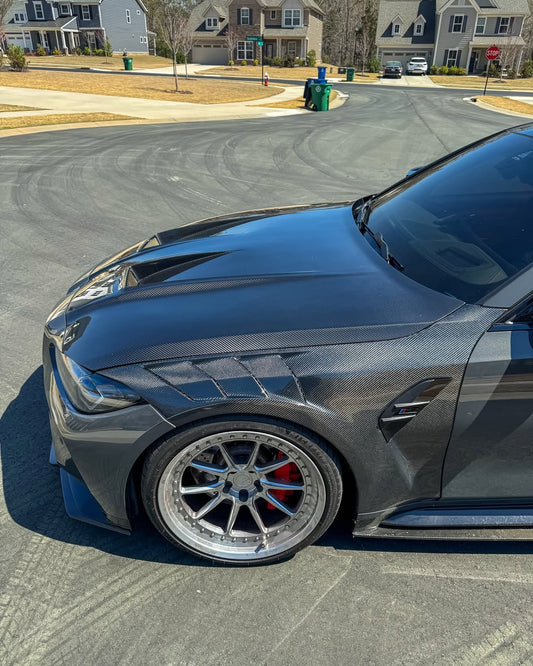 BMW M3 / M3C G80 G81 & M4 / M4C G82 G83 2021 2022 2023 2024 with Aftermarket Parts - Hood Bonnet Double-sided Pre-preg Carbon Fiber from TAKD Carbon
