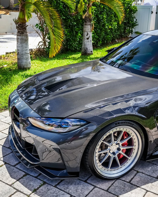 BMW M3 / M3C G80 G81 & M4 / M4C G82 G83 2021 2022 2023 2024 with Aftermarket Parts - Hood Bonnet Double-sided Pre-preg Carbon Fiber from TAKD Carbon