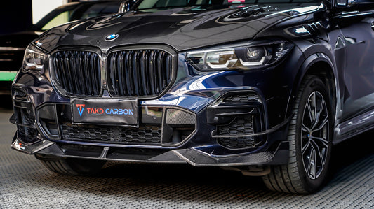 BMW X5 G05 M50i & X/S Drive 40i (with M-Package) Pre-LCI 2019 2020 2021 with Aftermarket Parts - V2 Front Lip Pre-preg Carbon Fiber from TAKD Carbon