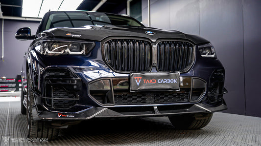 BMW X5 G05 M50i & X/S Drive 40i (with M-Package) Pre-LCI 2019 2020 2021 with Aftermarket Parts - V2 Front Lip Pre-preg Carbon Fiber from TAKD Carbon