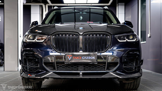 BMW X5 G05 M50i & X/S Drive 40i (with M-Package) Pre-LCI 2019 2020 2021 with Aftermarket Parts - V2 Front Lip Pre-preg Carbon Fiber from TAKD Carbon