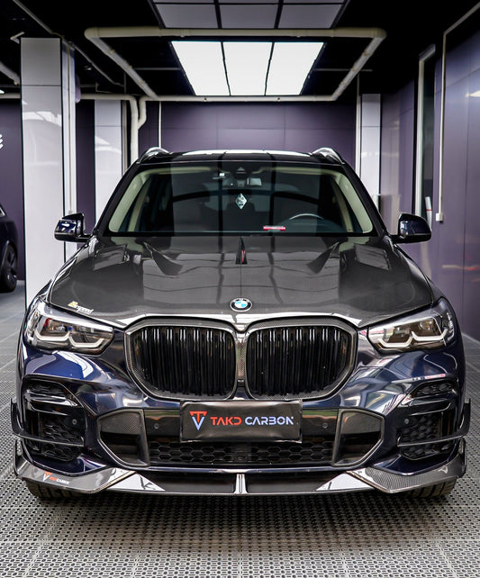 BMW X5 G05 M50i & X/S Drive 40i (with M-Package) Pre-LCI 2019 2020 2021 with Aftermarket Parts - V2 Front Lip Pre-preg Carbon Fiber from TAKD Carbon