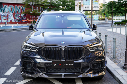 BMW X5 G05 M50i & X/S Drive 40i (with M-Package) Pre-LCI 2019 2020 2021 with Aftermarket Parts - V2 Front Lip Pre-preg Carbon Fiber from TAKD Carbon
