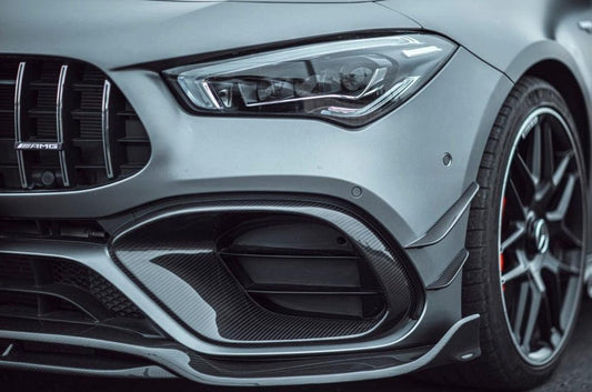 Mercedes Benz CLA45 CLA45S C118 2020 2021 2022 2023 2024 with Aftermarket Parts - V1 Style Front Intake Cover Pre-preg Carbon Fiber from TAKD Carbon