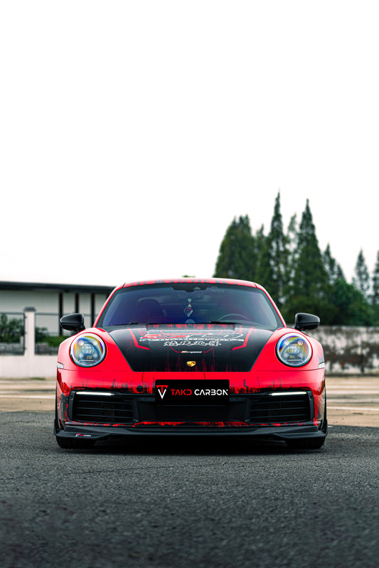 Porsche 911 992 Carrera / 4 / S / 4S (Fits Base Model Only, Does Not Fit Aero Kit / Sport Package) 2020 2021 2022 2023 2024 with Aftermarket Parts - Front Lip Pre-preg Carbon Fiber from TAKD Carbon