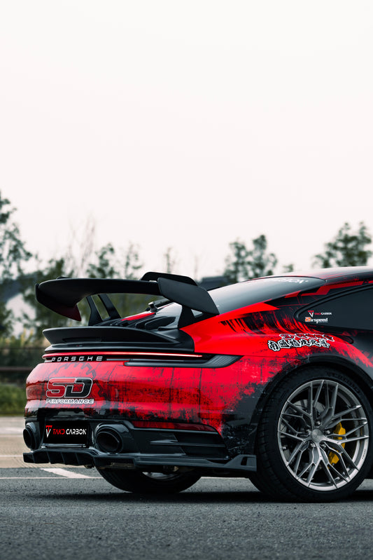 Porsche 911 992 Carrera / 4 / S / 4S 2020-ON with Aftermarket Parts - V2 Rear Wing Pre-preg Carbon Fiber from TAKD Carbon