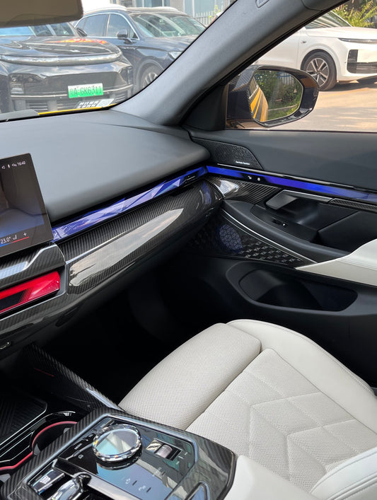 BMW 5 Series 530 540 & i5 e/x Drive40 M60 G60 G61 2024-ON with Aftermarket Parts - Pre-preg Carbon Fiber Passenger Right Side Center Console Dashboard Panel Trim Cover from TAKD Carbon