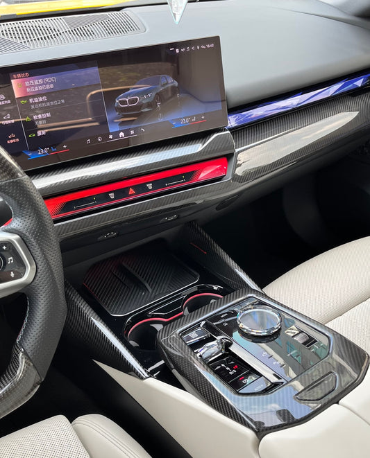 BMW 5 Series 530 540 & i5 e/x Drive40 M60 G60 G61 2024 with Aftermarket Parts - Central Control Panel Side Trim Cover Pre-preg Carbon Fiber from TAKD Carbon