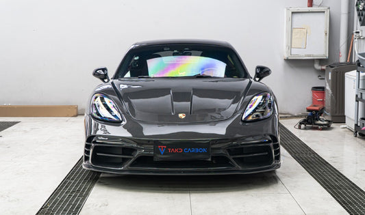 Porsche 718 Cayman / Boxster / GTS 2017-ON with Aftermarket Parts - Front Bumper & Lip Pre-preg Carbon Fiber from TAKD Carbon