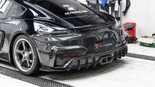 Porsche 718 Cayman / Boxster / GTS 2017-ON with Aftermarket Parts - Rear Bumper (Exhaust Tips Included) Pre-preg Carbon Fiber from TAKD Carbon