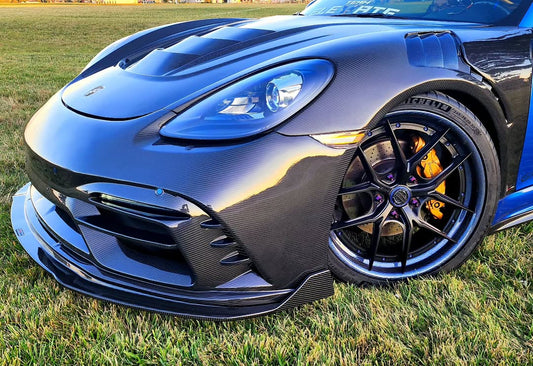 Porsche 718 Cayman / Boxster / GTS 2017-ON with Aftermarket Parts - Front Bumper & Lip Pre-preg Carbon Fiber from TAKD Carbon