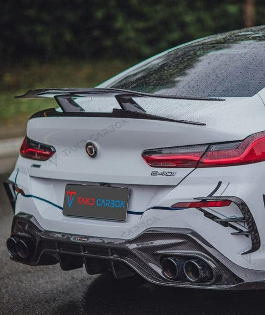 BMW 8 Series 840i (With M-Package Bumper) M850i G16 2018 2019 2020 2021 2022 2023 2024 with Aftermarket Parts - V2 Style Rear Bumper Canards Carbon Fiber from TAKD Carbon