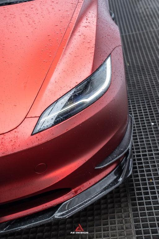 Tesla Model 3 Highland 2024-ON with Aftermarket Parts - AE Style Front Canards Carbon Fiber from ArmorExtend