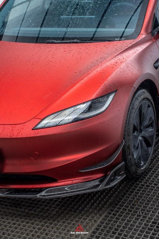 Tesla Model 3 Highland 2024-ON with Aftermarket Parts - AE Style Front Canards Carbon Fiber from ArmorExtend