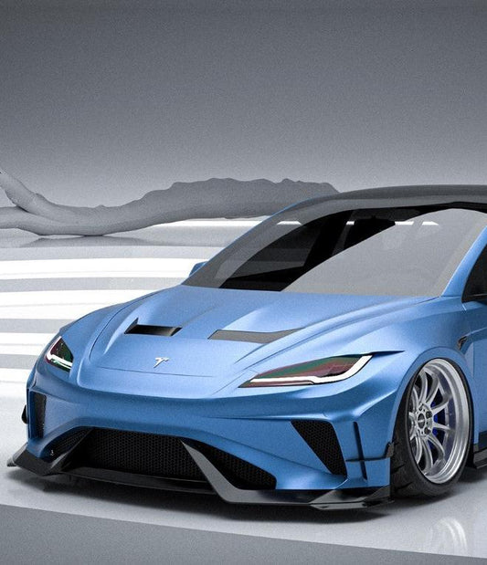 Tesla Model 3 Highland / Performance 2024-ON with Aftermarket Parts - Hacker Hood & Hood Garnish Carbon Fiber / FRP from Robot Craftsman