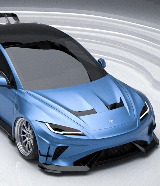 Tesla Model 3 Highland / Performance 2024-ON with Aftermarket Parts - Hacker Hood & Hood Garnish Carbon Fiber / FRP from Robot Craftsman