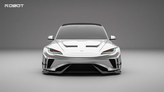 Tesla Model 3 Highland / Performance 2024-ON with Aftermarket Parts - Hacker Hood & Hood Garnish Carbon Fiber / FRP from Robot Craftsman