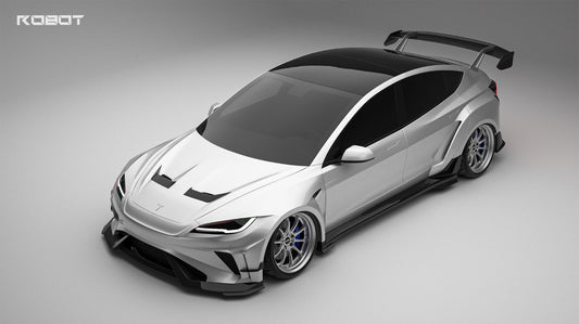 Tesla Model 3 Highland / Performance 2024-ON with Aftermarket Parts - Hacker Hood & Hood Garnish Carbon Fiber / FRP from Robot Craftsman