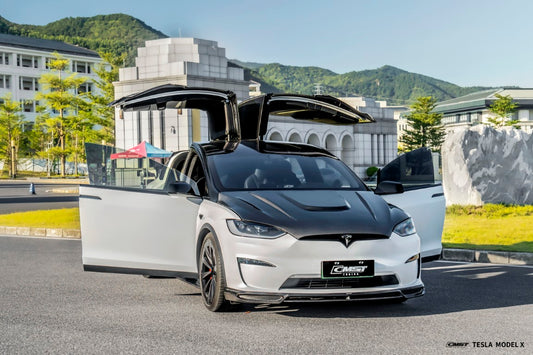 Tesla Model X Plaid Long Range Base 2022 2023 2024 with Aftermarket Parts - Hood Bonnet Carbon Fiber FRP