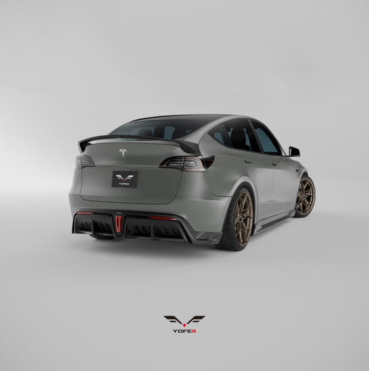 Tesla Model Y / Performance 2021 2022 2023 2024 with Aftermarket Parts - Loong Flames Style Rear Spoiler Wing Carbon Fiber from Yofer USA