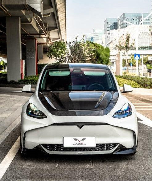 Tesla Model Y / Performance 2021 2022 2023 2024 with Aftermarket Parts - Loong Flames Style Hood Bonnet Pre-preg Carbon Fiber from Yofer USA