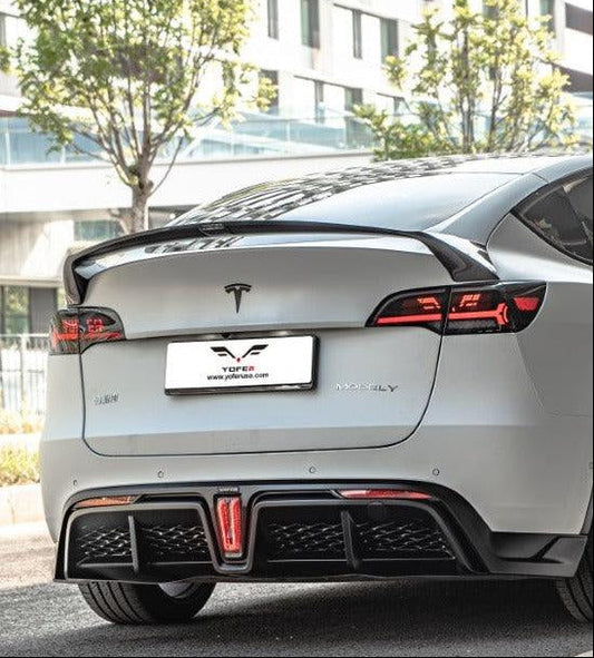 Tesla Model Y / Performance 2021 2022 2023 2024 with Aftermarket Parts - Loong Flames Style Rear Spoiler Wing Carbon Fiber from Yofer USA