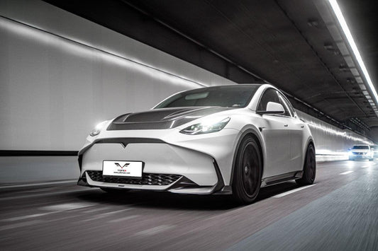 Tesla Model Y / Performance 2021 2022 2023 2024 with Aftermarket Parts - Loong Flames Style Hood Bonnet Pre-preg Carbon Fiber from Yofer USA
