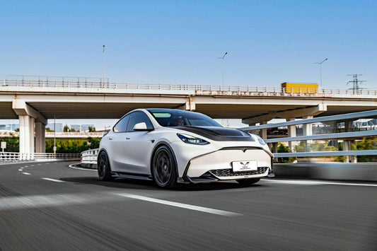 Tesla Model Y / Performance 2021 2022 2023 2024 with Aftermarket Parts - Loong Flames Style Hood Bonnet Pre-preg Carbon Fiber from Yofer USA