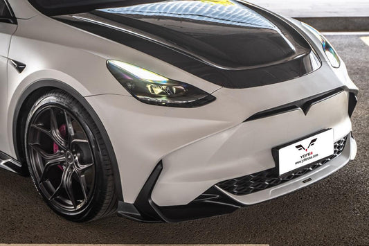 Tesla Model Y / Performance 2021 2022 2023 2024 with Aftermarket Parts - Loong Flames Style Hood Bonnet Pre-preg Carbon Fiber from Yofer USA