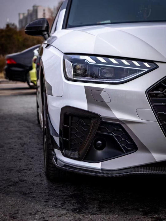 Audi S4 A4 S-line (with s-line bumper, does not fit base model) B9.5 2020 2021 2022 2023 2024 With Aftermarket Parts - Compatible with Karbel Upper Valences & Compatible with OEM Bumper Style Front Canards Pre-preg Carbon Fiber from Karbel Carbon