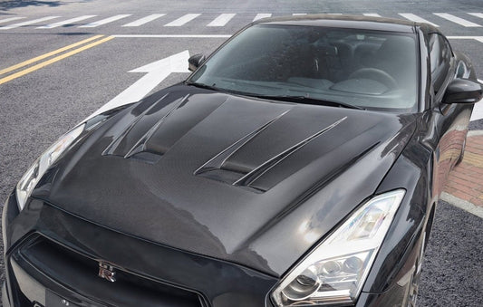 Nissan GTR Nismo T-Spec Premium Pure 2017-2024 (for installation on 2008-2016 vehicles, 2017-2024 front bumper is recommended) with Aftermarket Parts - LBV3 Style Hood Bonnet Carbon Fiber / FRP from Aero Republic