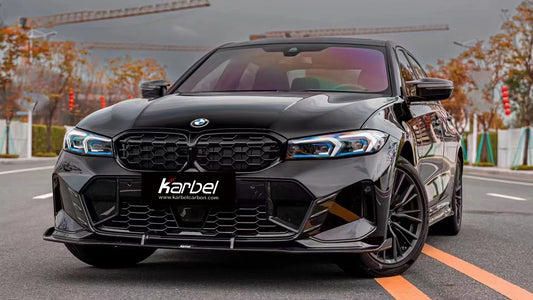 BMW 3 Series 330i (with M-package bumper, does not fit base model) M340i G20 G21 LCI 2023 2024 with Aftermarket Parts - V2 Style Front Lip Pre-preg Carbon Fiber from Karbel Carbon